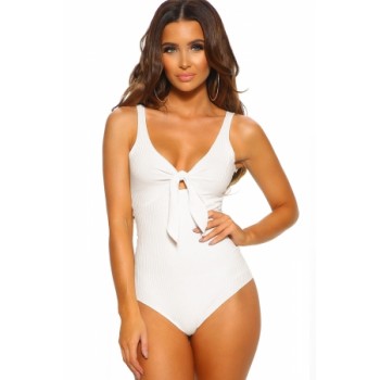 Love You Knot White Ribbed Knot Front Bodysuit